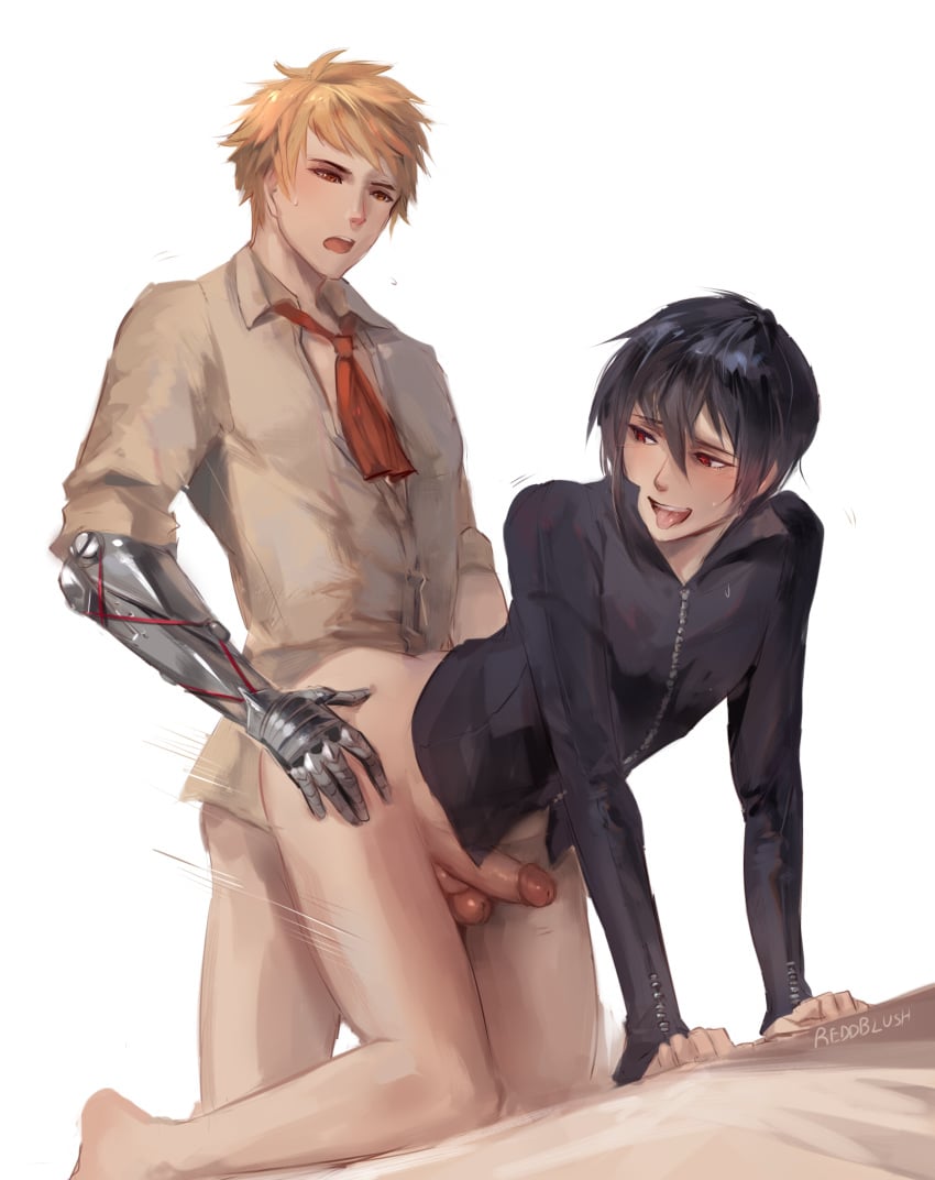 2boys ascot black_hair blonde_hair doggy_style gay glans male multiple_boys orange_eyes penis penis_between_legs prosthetic_arm red_eyes reddblush reddverse tongue_out yaoi