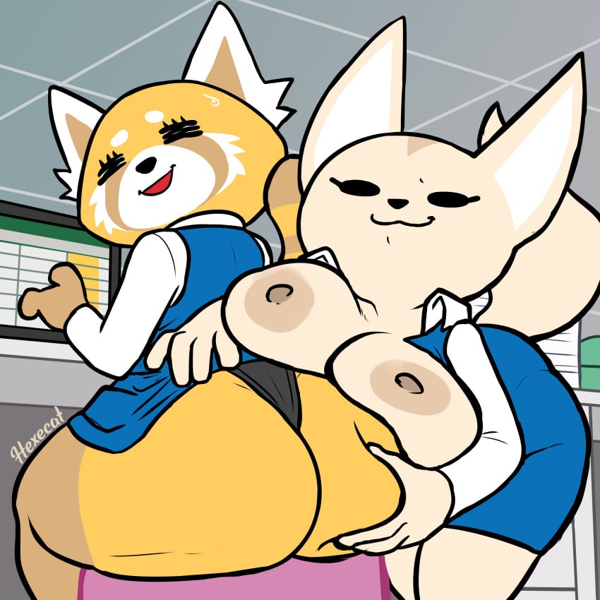 absurd_res aggretsuko ailurid anthro ass big_breasts big_butt bodily_fluids bottomwear breasts canid canine clothed clothing duo female female/female fennec_fox fenneko flashing fox hexecat hi_res holding_butt looking_at_viewer looking_back mammal office raised_bottomwear raised_clothing raised_skirt red_panda retsuko sanrio skirt smug sweat sweatdrop true_fox underwear