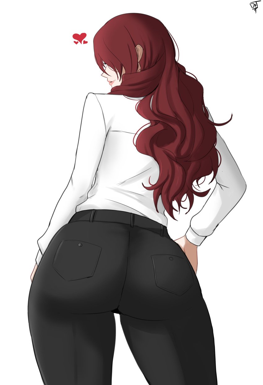 1girls ass atlus back_view big_ass big_butt black_jeans female female_only heart jeans large_ass light-skinned_female light_skin long_hair lord_dante megami_tensei mitsuru_kirijo persona persona_3 red_hair thick thick_ass thick_thighs