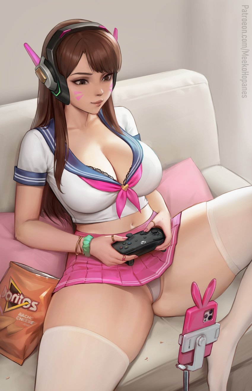 1girls accidental_exposure asian asian_female ass breasts brown_hair couch d.va doritos electronics female female_only french_nails huge_breasts human humiliation jewelry large_breasts light-skinned_female light_skin livestream livestreaming long_fingernails meekohopanes miniskirt nail_polish no_bra oblivious overwatch overwatch_2 painted_fingernails painted_nails pale_skin panties pantyshot phone recording_embarrassing_event school_uniform schoolgirl sitting skirt stockings televised_humiliation thighhighs thong upskirt