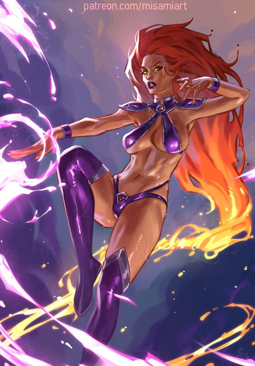 1girls 2d 2d_(artwork) alien breasts dc dc_comics female female_focus female_only green_eyes hi_res high_resolution highres koriand'r large_breasts misami red_hair solo solo_focus starfire starfire_(teen_titans) superheroine sweat teen_titans