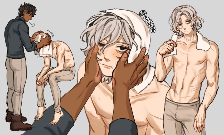 2boys abs delicious_in_dungeon dungeon_meshi elf elf_ears elf_male gray_hair half-dressed half_naked_male half_nude kabru mithrun shirtless shirtless_male toned_body toned_male toned_stomach yaoi