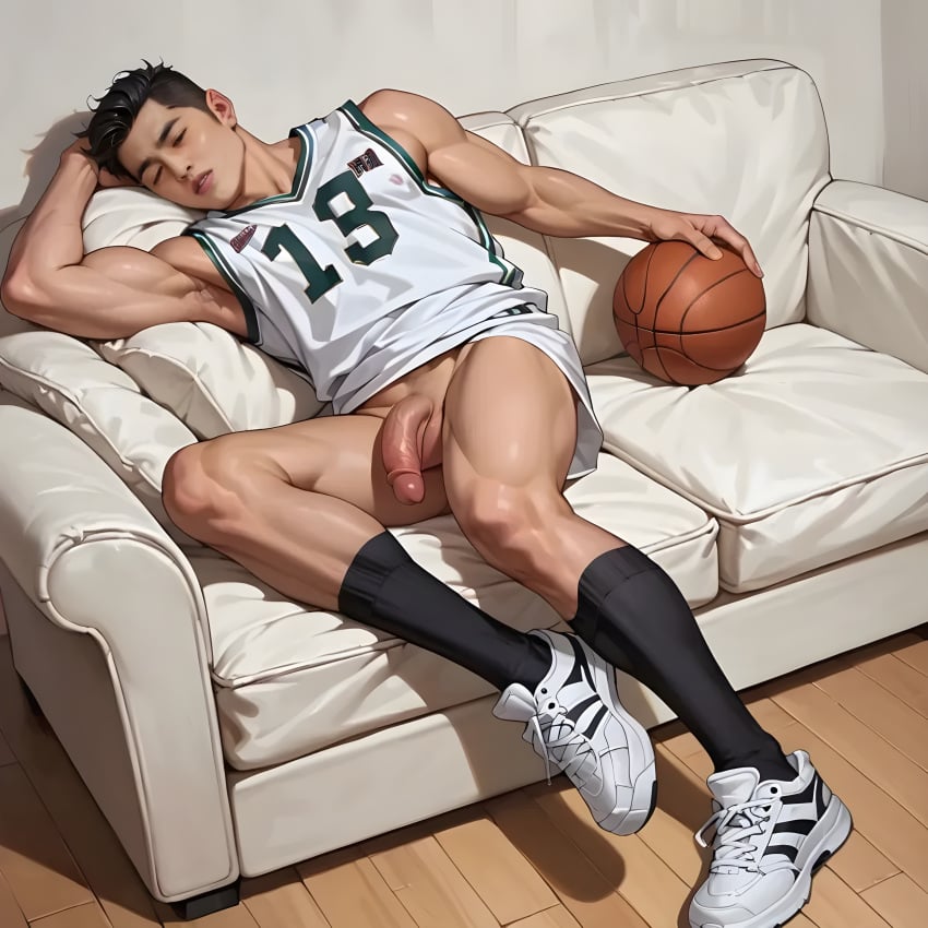 ai_generated basketball basketball_jersey basketball_player basketball_uniform big_penis black_socks kpop penis s.coups seventeen sleeping white_sneakers