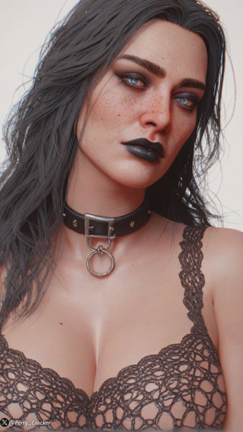 1girls 3d ai ai_generated black_collar black_hair black_lingerie black_lips black_lipstick blue_eyes breasts close-up collar freckles goth goth_girl long_hair one_color_background original perry_cracker vittoria_(perry_cracker) watermark white_background