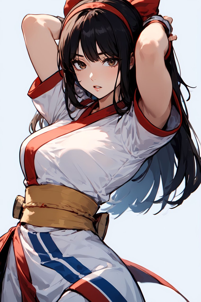 1girls ai_generated ainu_clothes armpits arms_behind_head big_breasts black_hair breasts brown_eyes busty female female_only fingerless_gloves hair_ribbon half-closed_eyes king_of_fighters large_breasts legs long_hair looking_at_viewer nakoruru pants parted_lips posing samurai_shodown seductive seductive_look sensual sexy_pose snk thighs voluptuous