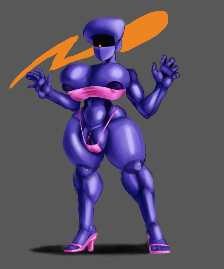 areola_slip areolae blank_background cameltoe color effectively_nude female heels huge_breasts hyper_genitalia hyper_pussy nipple_bulge no_mouth orange_eyes penny_(polygonalfish) pink_clothing polygonalfish purple_skin robot robot_girl solo solo_female