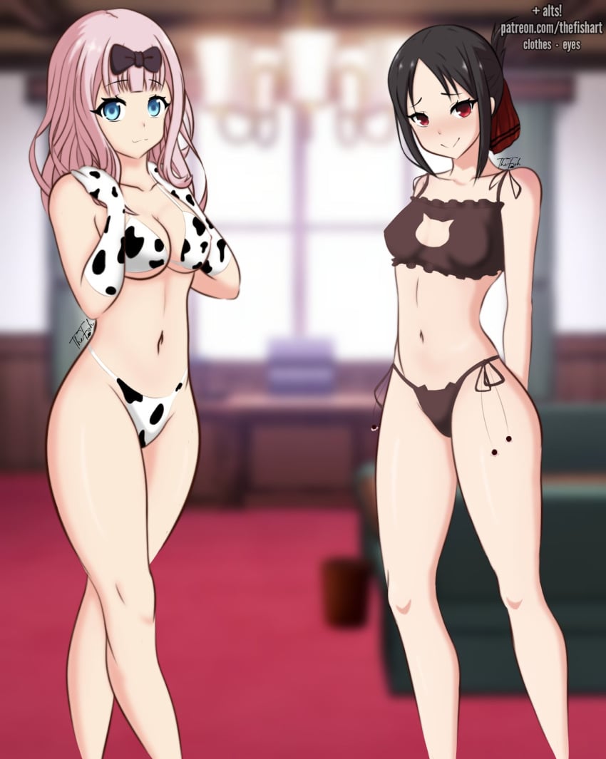 2girls animal_print arms_behind_back artist_name big_breasts bikini black_hair blue_eyes blush breasts busty cleavage cow_print cow_print_bikini female female_only fujiwara_chika hands_on_own_shoulders highres kaguya-sama_wa_kokurasetai_~tensai-tachi_no_renai_zunousen~ large_breasts legs long_hair looking_at_viewer multiple_girls navel pink_hair print_bikini red_eyes shinomiya_kaguya small_breasts smile swimsuit thighs thong_bikini voluptuous