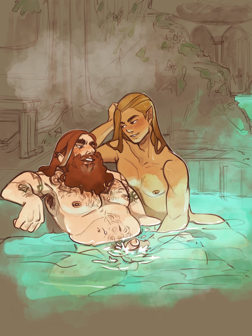 balls beard blush breasts brown_hair deheerkonjin dick dwarf elf elf_ears femboy feminine_male gay gay_sex gimli grabbing_penis handjob legolas legs long_hair looking_at_partner lord_of_the_rings male male_only naked nipple_bulge nipple_piercing nipples penis pointy_ears sweat sweating tattoo tattoos twink yellow_hair