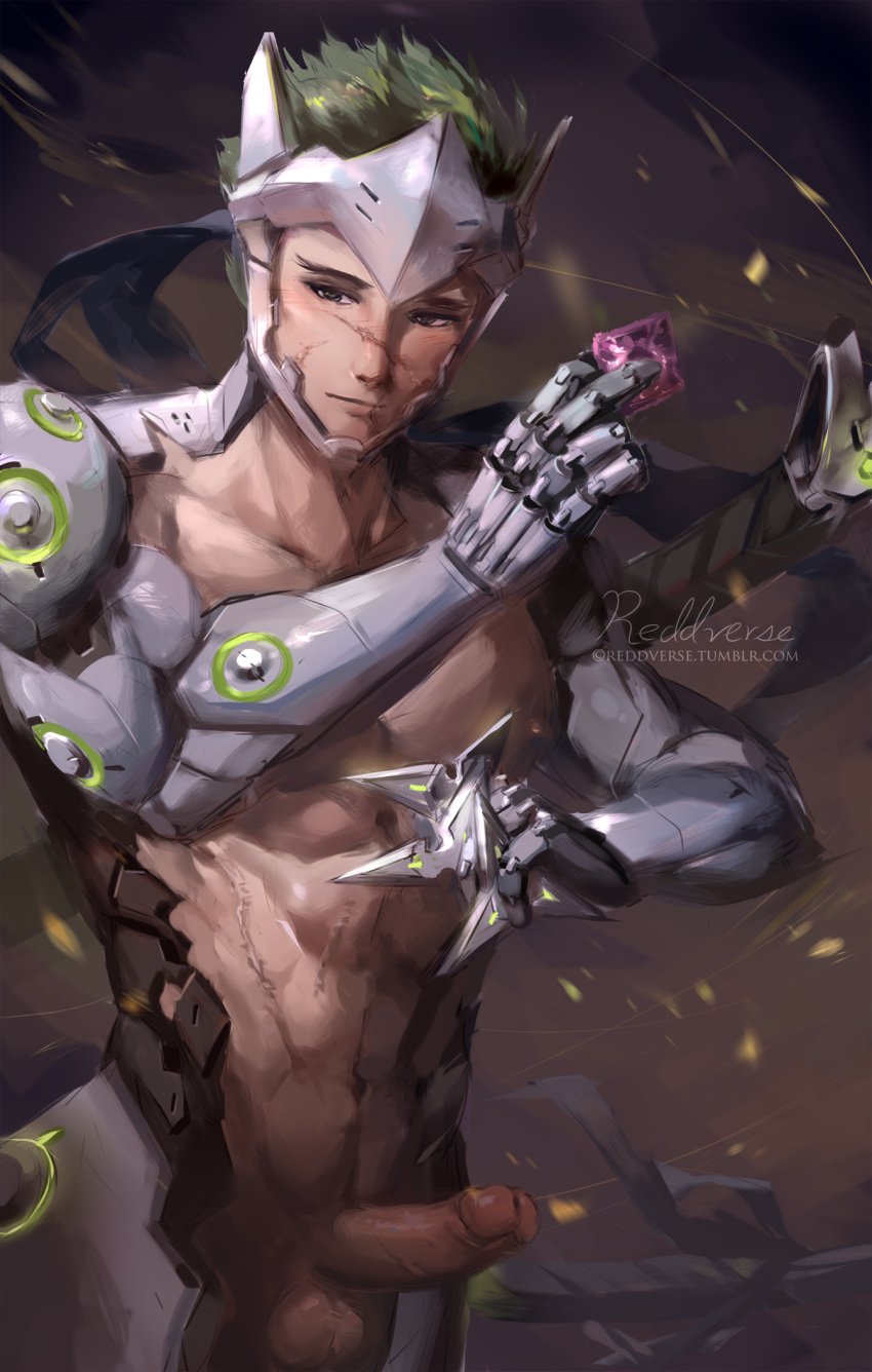 abs armor balls big_balls big_penis blizzard_entertainment condom cybernetics cyborg genji green_eyes green_hair helmet looking_at_viewer male male_only muscles muscular muscular_male overwatch penis reddblush reddverse scar short_hair shuriken solo solo_male sword