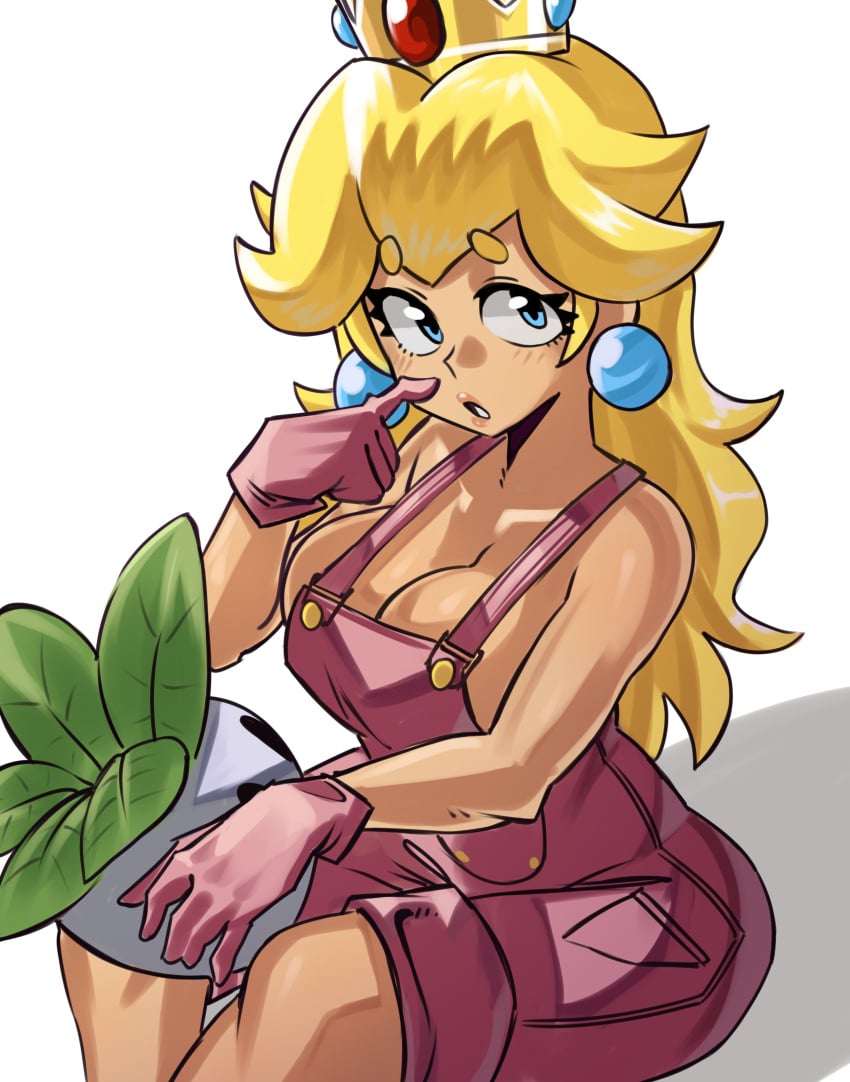 2024 bare_arms big_breasts blonde_hair blue_earrings breasts cleavage crown earrings female female_focus female_only gloves long_hair looking_up mario_(series) moxydrawsmore nintendo overalls pointing_at_self princess princess_peach simple_background sitting solo solo_female solo_focus