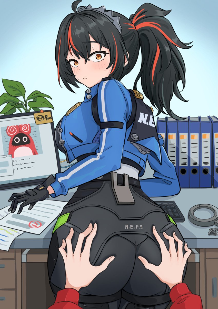 1girls absurdres ass black_gloves black_hair black_pants blue_jacket blush commission commissioner_upload female flustered from_behind gloves grabbing grabbing_another's_ass groping hair_ornament highres jacket looking_at_viewer multicolored_hair office orange_eyes pants police police_uniform policewoman ponytail pov pov_hands red_hair streaked_hair tight_clothes tight_pants tinkie two-tone_hair zenless_zone_zero zhu_yuan