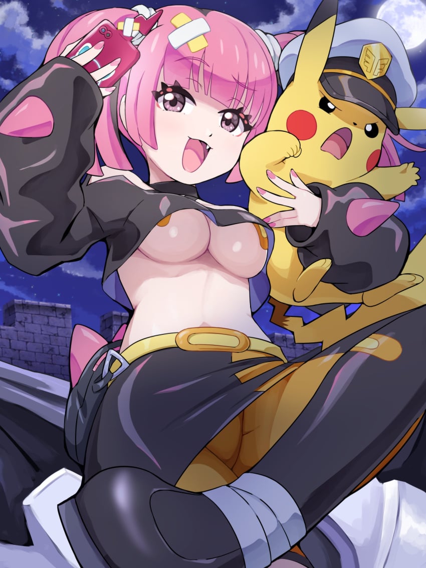 1boy 1girls bandaids_on_nipples captain_pikachu cellphone coral_(pokemon) cute_fang holding_animal nail_polish painted_nails pikachu pink_nails pokemon pokemon_(anime) pokemon_horizons revealing_clothes underboob