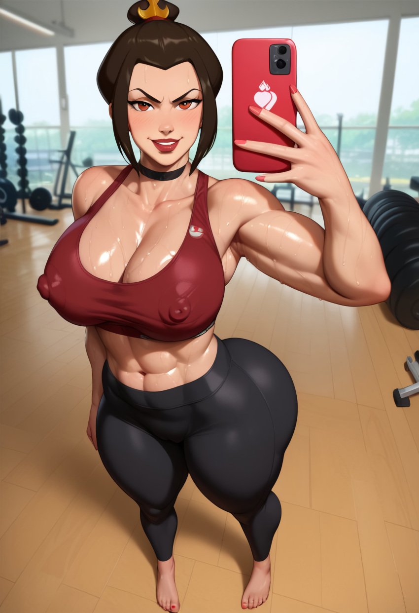 1girls abs ai_generated avatar_legends avatar_the_last_airbender azula barefoot cleavage feet female female_focus female_only fire_nation gym looking_at_viewer nai_diffusion nickelodeon painted_nails princess red_nail_polish red_nails selfie sidelocks solo stable_diffusion tank_top tied_hair topknot yellow_eyes