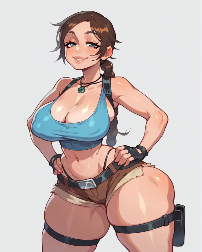 1girls ai_generated big_breasts blue_eyes breasts brown_hair cleavage clothed clothing female female_only gloves hands_on_hips lara_croft leather_gloves navel nipple_bulge rocksolidart smile smiling solo solo_female thick_thighs tomb_raider wide_hips