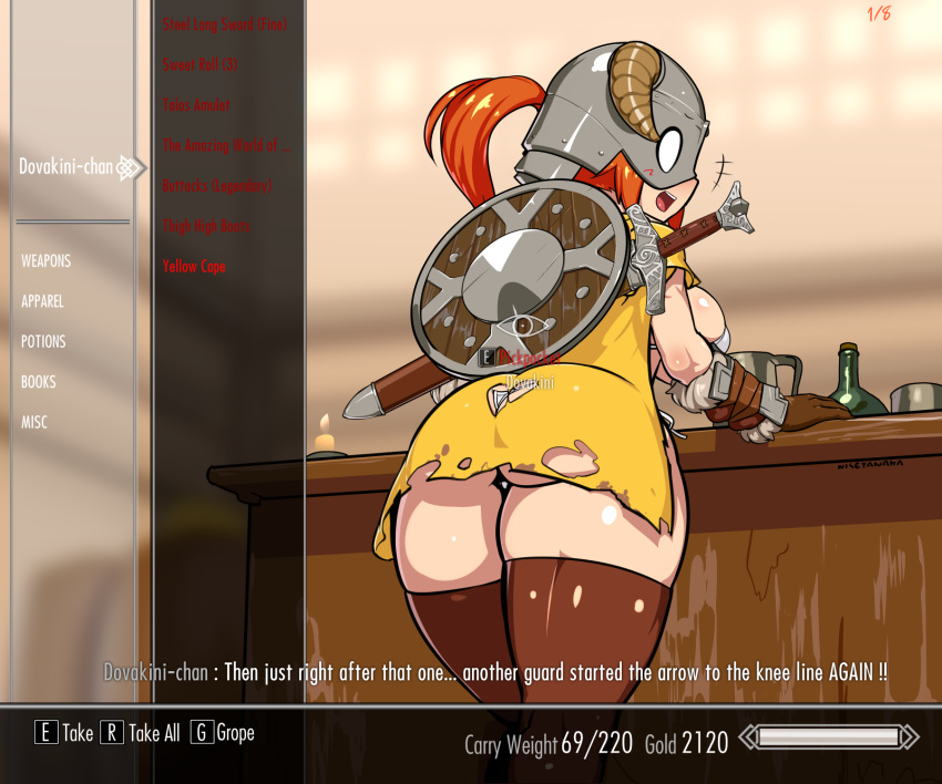 +++ 1girls ass ass_cleavage big_breasts bikini bra breasts brown_legwear brown_thighhighs butt_crack cape dovahkiin dovakini female female_dovahkiin female_only gloves large_breasts nisetanaqa panties pickpocket pickpocketing shield skyrim solo sword text the_elder_scrolls thighhighs yellow_cape