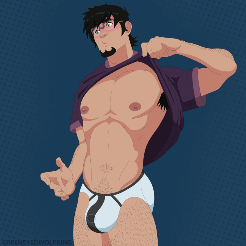 abs armpit_hair bara biceps big_bulge blush bulge clothing greeneyedwolfking male male_nipples male_only manly muscular_male nipples pecs underwear