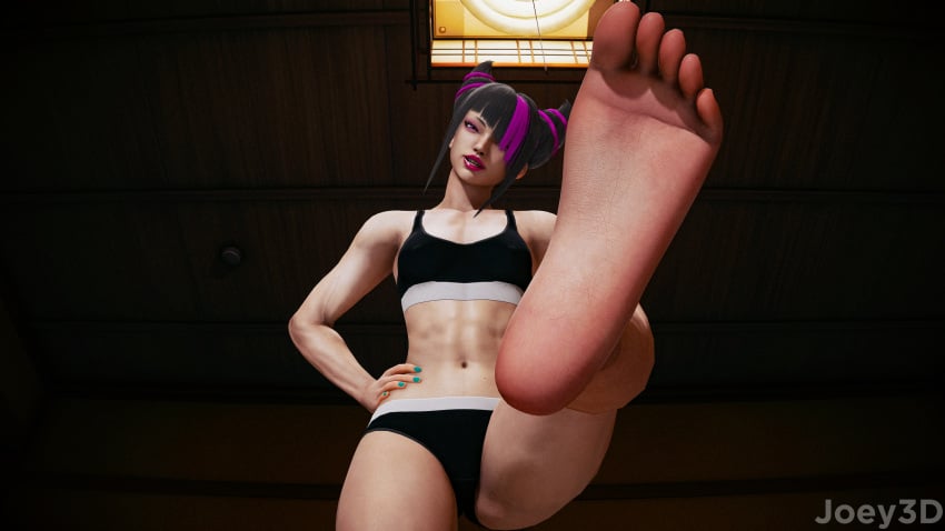 3d 3d_(artwork) asian asian_female barefoot black_hair choker feet feet_focus honey_select_2 joey3d_(artist) juri_han pink_eyes pink_highlights soles standing standing_over_viewer street_fighter street_fighter_6 turquoise_nails underwear