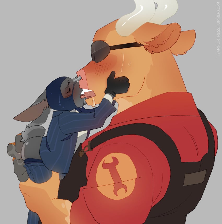 anal anal_fingering anthro ass blush bodily_fluids bovid bovine cattle clothed clothing duo engineer_(team_fortress_2) eyewear facial_piercing fingering french_kissing fur hi_res horn interspecies kissing lagomorph leporid longhorn lube lube_drip male male/male mammal nose_piercing nose_ring open_mouth piercing rabbit ring_piercing saliva saliva_on_face simple_background spy_(team_fortress_2) suit tail team_fortress_2 teamfurtress valve