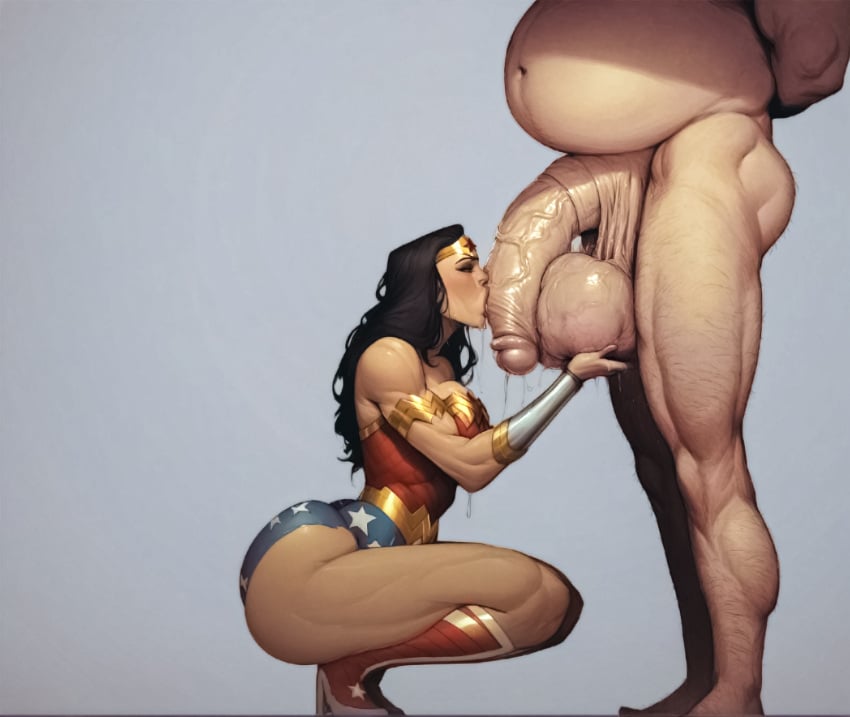 ai_generated big_stomach cock_worship dc dc_comics devil_hs_(copied_style) diana_prince edit edited edited_image fellatio kneeling kneeling_oral_position light-skinned_male oswald_cobblepot the_penguin wonder_woman