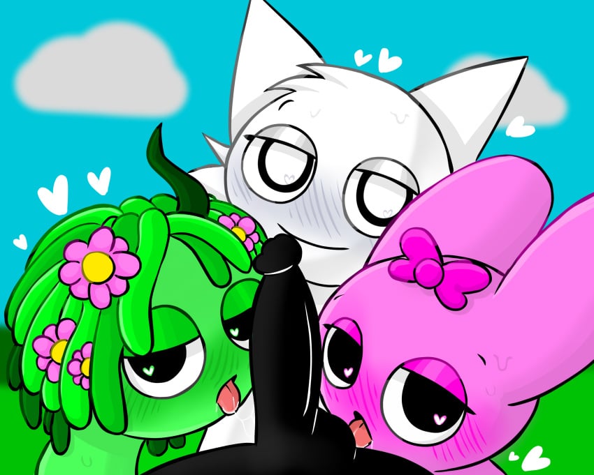 1boy 3girls animal_humanoid black_(sprunki) blush bow bunny_ears bunny_girl cat_ears catgirl color colored flower flower_in_hair fur furry green_(sprunki) green_body green_hair green_skin heart-shaped_pupils heart_symbol horn incredibox_mod licking_penis own_custard_(artist) penis pink_(sprunki) pink_body pink_bow pinki_(sprunki) request saliva single_horn sprunki tongue tongue_out vineria_(sprunki) wenda_(sprunki) white_(sprunki) white_body white_fur