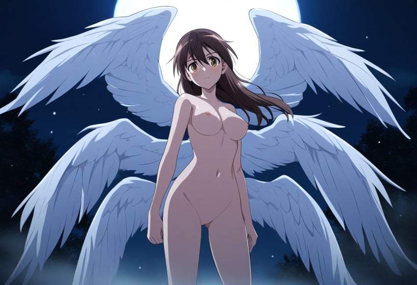 ai_generated angel_wings completely_nude female forest gertrud_barkhorn hair_down looking_at_viewer medium_breasts moon night night_sky nipples nude standing strike_witches wings world_witches_series