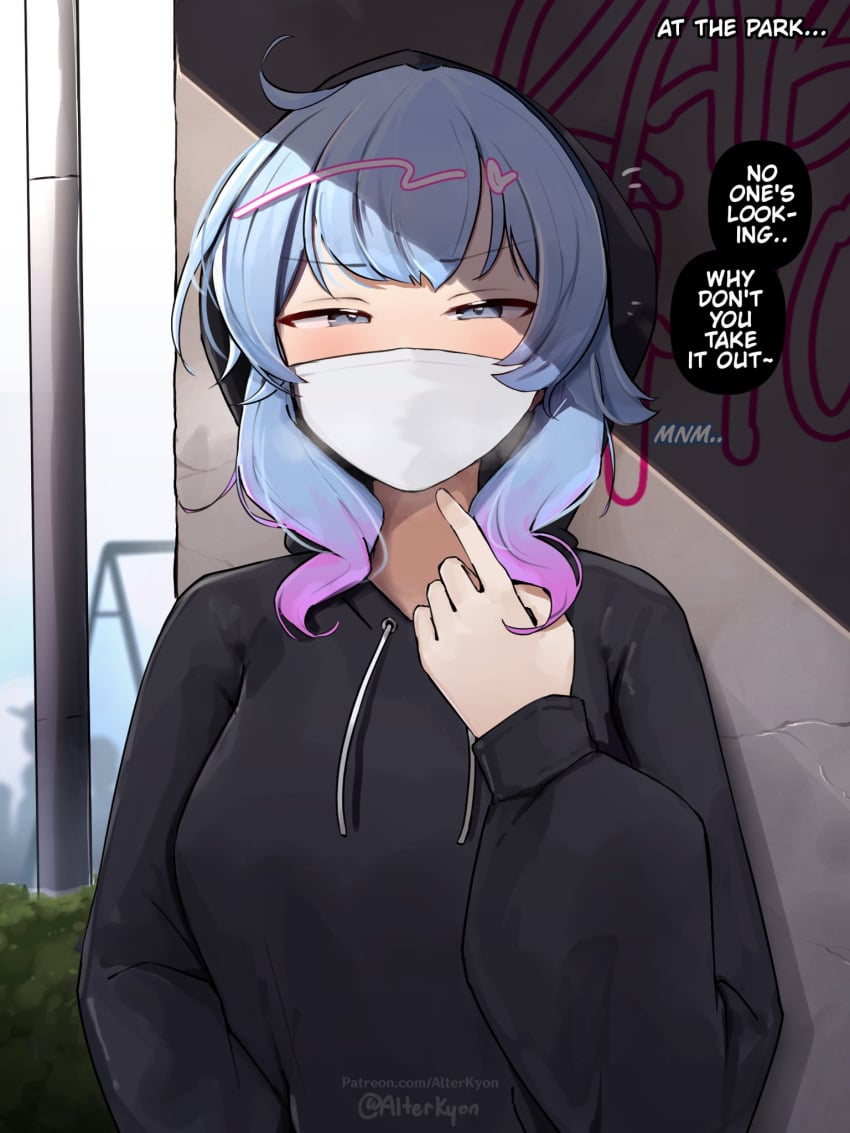 against_wall alterkyon blue_eyes blue_hair dildo_mask dildo_under_mask english_text gag_under_mask hatsune_miku highres hood hoodie long_hair mask mouth_mask outdoors rabbit_hole_(deco*27/caststation) rabbit_hole_(vocaloid) surgical_mask