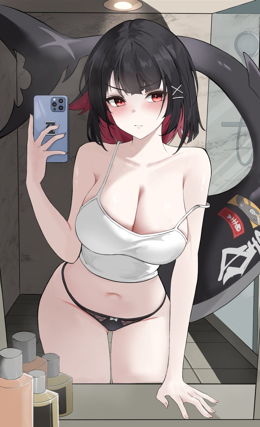 1girls absurdres bathroom black_hair black_panties breasts camisole cellphone closed_mouth collarbone colored_inner_hair cowboy_shot ellen_joe female fins fish_tail highres holding holding_phone indoors large_breasts looking_at_mirror mirror mo_ca_coffee mole mole_under_eye multicolored_hair navel panties phone pointy_chin red_eyes selfie shark_girl shark_tail single_off_shoulder smartphone solo stomach tail underwear white_camisole zenless_zone_zero