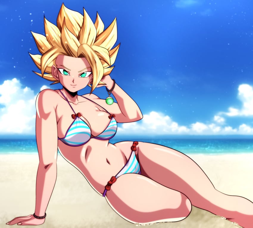 beach blonde_hair caulifla cleavage decial10 dragon_ball dragon_ball_super dragon_ball_z green_eyes spiky_hair super_saiyan