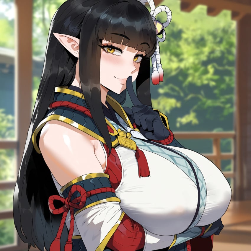 ai_generated big_breasts black_hair breasts_bigger_than_head covered_nipples creamy_ai curvy finger_to_mouth hime_cut hinoa huge_breasts japanese_clothes monster_hunter monster_hunter_rise thick_thighs upper_body wide_hips yellow_eyes