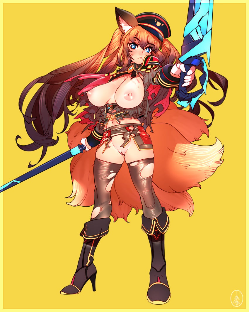 animal_ear_fluff animal_ears black_thighhighs blue_eyes blush boots breasts brown_hair caleen_keemosn cheunart closed_mouth clothing commission dual_wielding eyebrows_visible_through_hair female female footwear fox_ear fox_ears fox_girl fox_tail gloves hair_ribbon hat headwear high_heel_boots high_heels holding holding_object holding_sword holding_weapon kemonomimi kitsunemimi large_breasts legwear long_hair looking_at_viewer military_hat multiple_tails navel nipples peaked_cap runes solo standing star_ocean star_ocean_anamnesis sword tail thighhighs tied_hair torn_clothes torn_thighhighs twintails vagina very_long_hair weapon