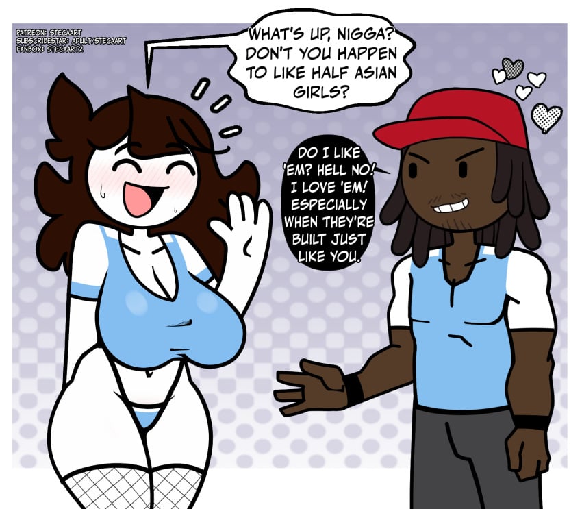 1boy 1girls accurate_art_style black_hair blue_shirt blush breasts brown_hair cleavage clothing colored_skin crop_top dark-skinned_male dark_skin dreadlocks english_language english_text female grin hat headwear heart high_resolution highleg huge_breasts jaiden jaiden_(jaiden_animations) jaiden_animations jaidenanimations kai_cenat large_breasts legwear long_hair male navel open_mouth pantsu red_headwear sexually_suggestive shirt smile steca tank_top text the_n_word thelazyart thick_legs thick_thighs thighhighs thighs underwear very_dark_skin waving white_skin youtube youtuber youtuber_girl youtubers