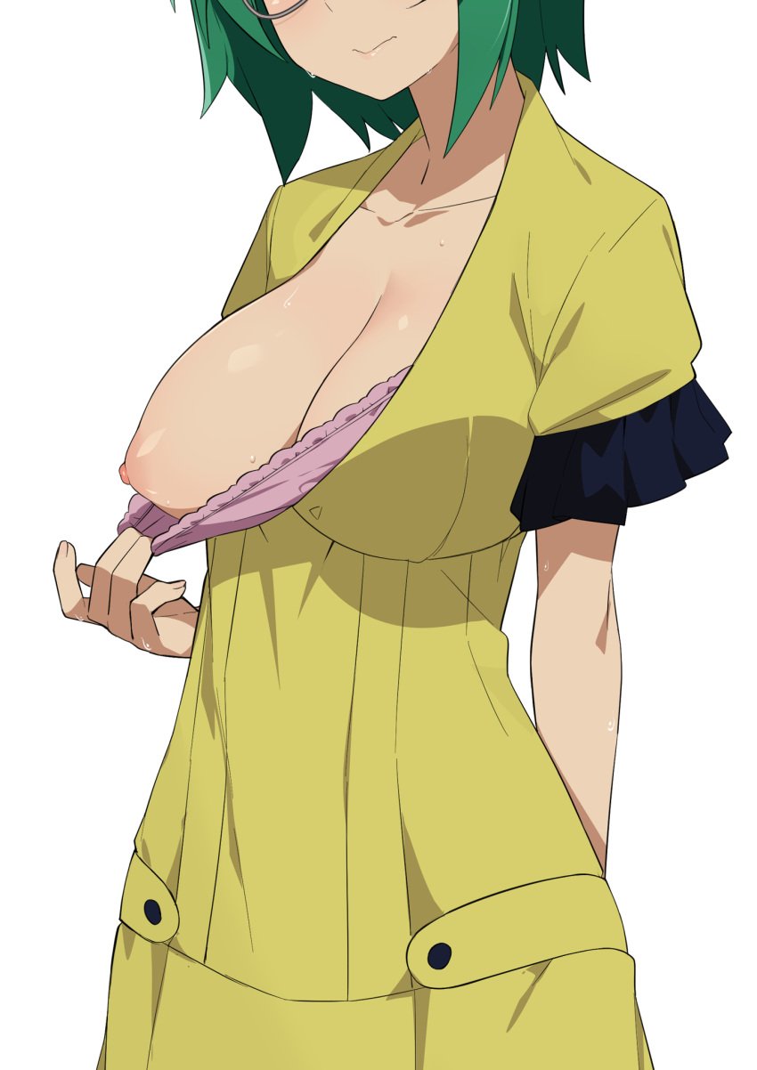 blush bra_pull exposed_breasts eyes_out_of_frame female flashing glass green_hair infinite_stratos large_breasts morisobo one_breast_out shirt_pull simple_background white_background yamada_maya_(infinite_stratos)