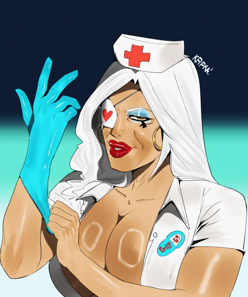 2d ana_amari big_breasts blink_182 breasts cleavage dark-skinned_female earrings eyepatch female female_only gilf gloves grey_hair kafka_art milf nurse nurse_cap overwatch putting_on_gloves shiny_skin tattoo white_hair