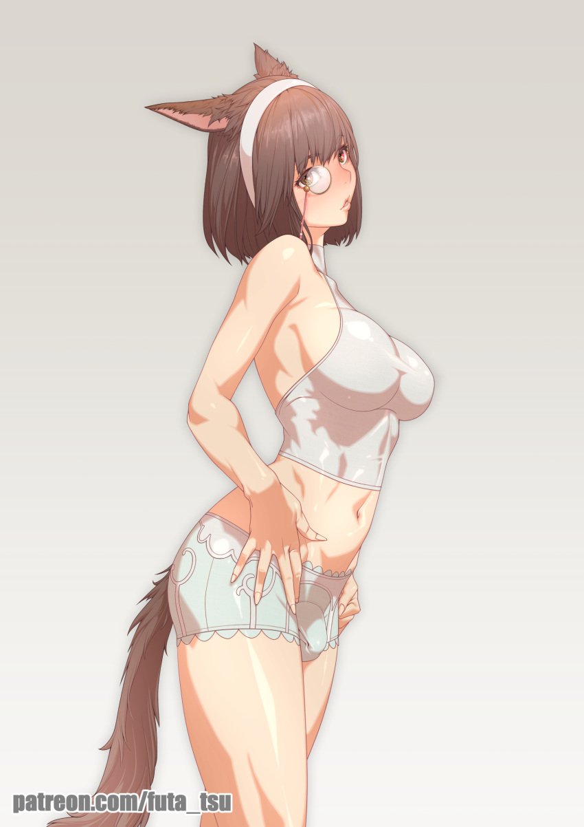 1futa balls bottomless breasts brown_eyes brown_hair bulge cat_ears cat_tail catgirl clothed clothing final_fantasy final_fantasy_xiv futa_only futanari headband high_resolution highres horny humanoid humanoid_penis kemonomimi light-skinned_futanari light_skin miqo&#039;te monocle nashu_mhakaracca pale_skin partially_clothed penis solo standing tomoyuki_kotani