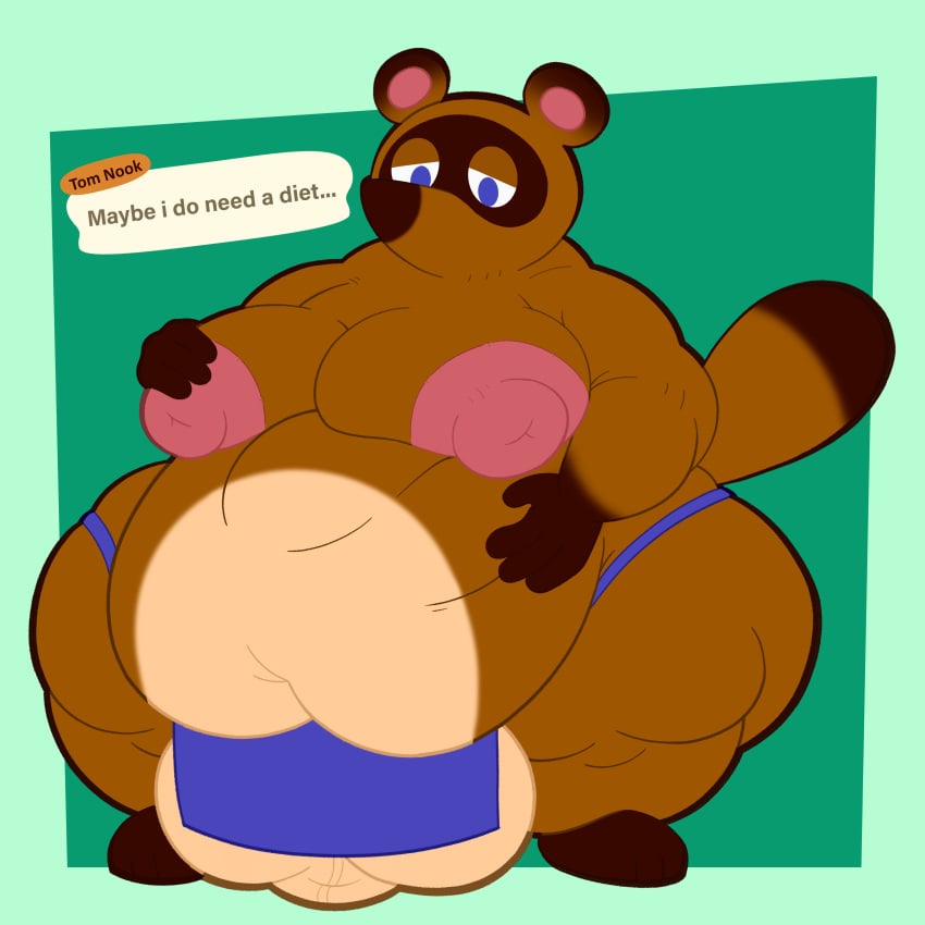 2024 absurd_res animal_crossing anthro apron balls big_balls big_moobs blue_apron blue_clothing blue_eyes brown_body brown_ears brown_fur brown_nose brown_tail canid canine clothing digital_media_(artwork) english_text fur gameplay_mechanics genitals half-closed_eyes hand_on_belly hand_on_moob hand_on_own_belly hi_res huge_balls hyper hyper_balls hyper_genitalia itsme_hilo male mammal morbidly_obese morbidly_obese_anthro morbidly_obese_male multicolored_body multicolored_ears multicolored_fur narrowed_eyes nintendo nipples obese obese_anthro obese_male overweight overweight_anthro overweight_male pink_nipples raccoon_dog solo standing tail tanuki text text_box three-quarter_view tom_nook tom_nook_(animal_crossing) two_tone_ears two_tone_tail