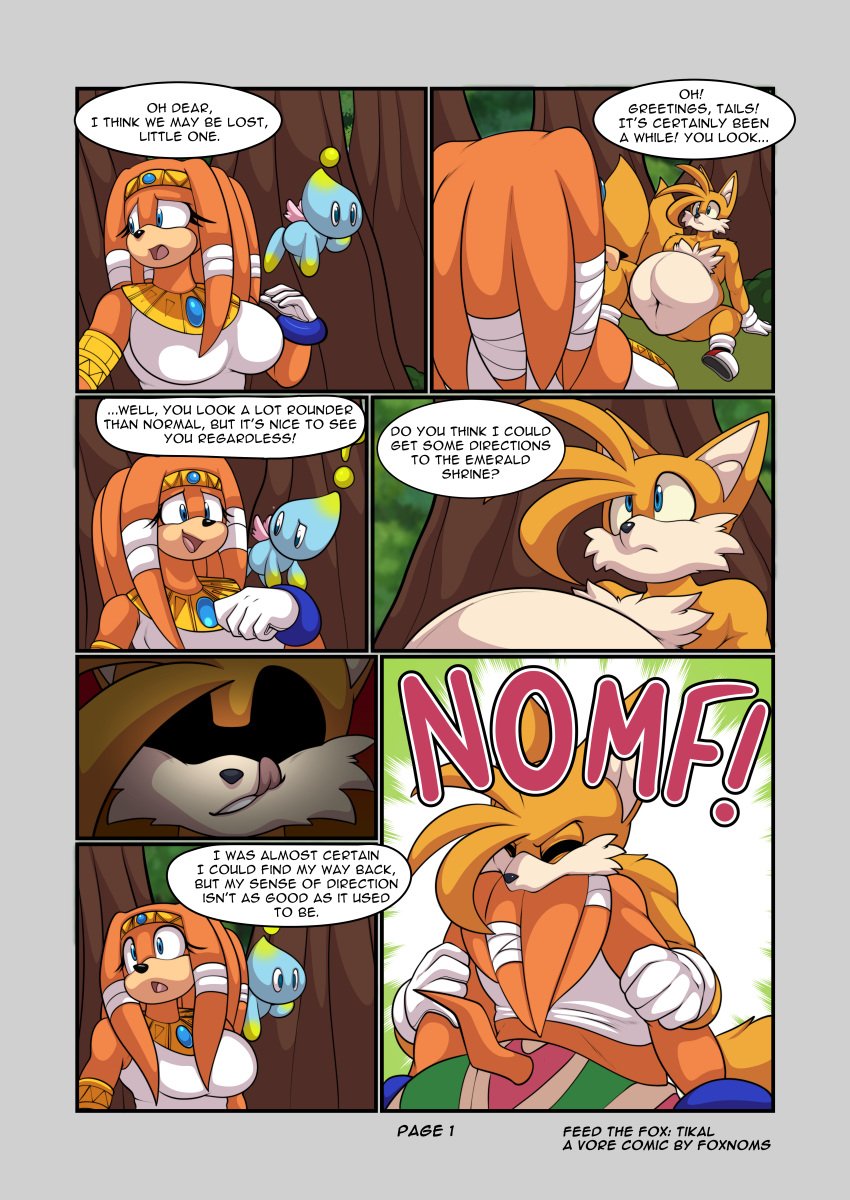 1boy 1girls anthro anthro_pred anthro_prey belly chao_(sonic) comic echidna female_prey fox foxynoms licking_lips male_pred miles_prower oral_vore page_1 page_number sonic_(series) sonic_the_hedgehog_(series) tails tails_the_fox tikal_the_echidna vore vore_comic