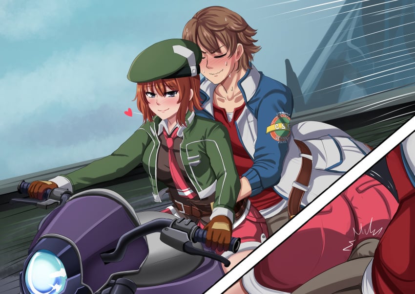 1boy 1girls ass blush brown_hair bulge eiyuu_densetsu gloves green_hat green_jacket grinding grinding_through_clothes hat holding_waist jacket lloyd_bannings motorcycle necktie noel_seeker orcaomega pink_shorts red_hair riding_motorcycle rubbing shorts smile smug sweat the_legend_of_heroes