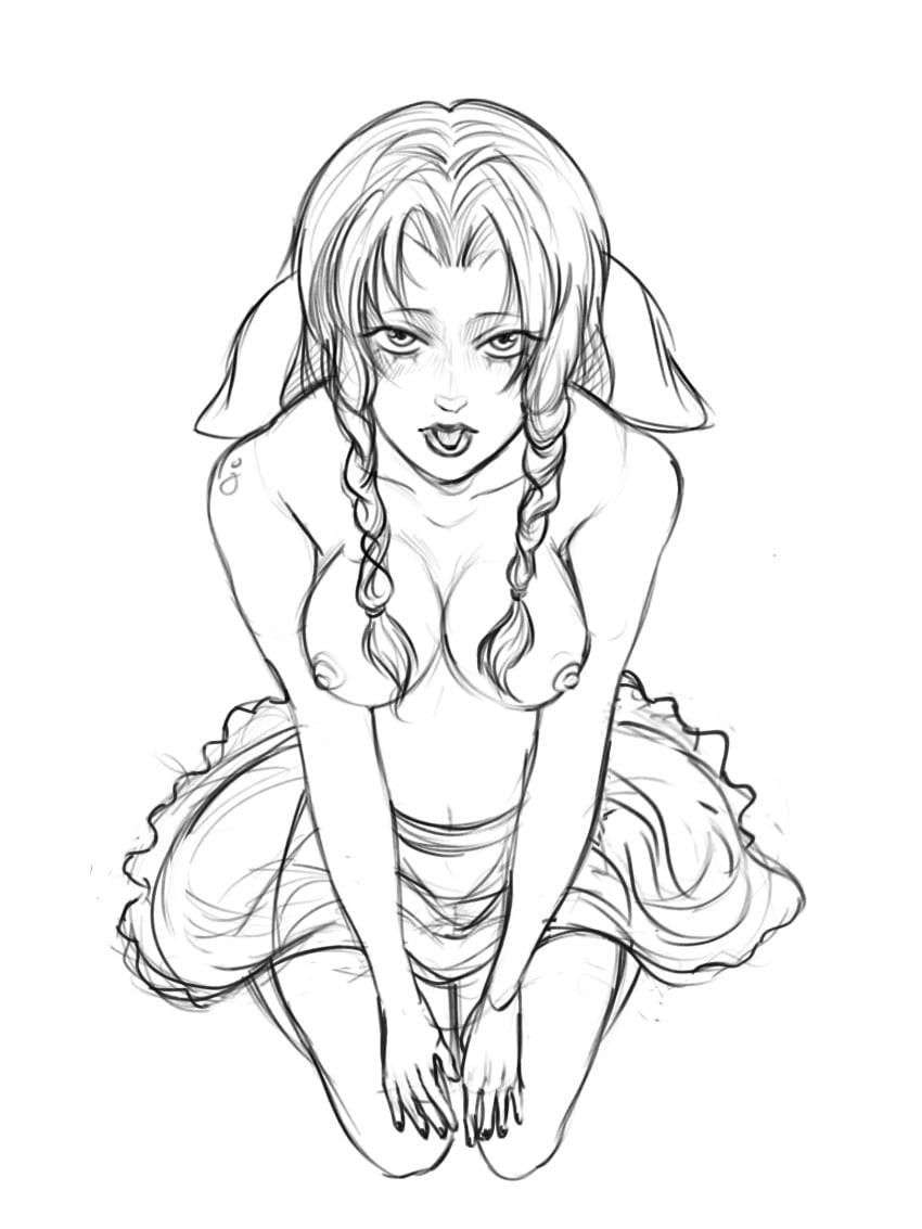 aerith_gainsborough black_and_white breasts breasts_out final_fantasy final_fantasy_vii kneeling looking_at_viewer open_mouth partially_clothed partially_clothed_female partially_nude pigtails ribbon ribbons sketch skirt themarkedman topless waiting