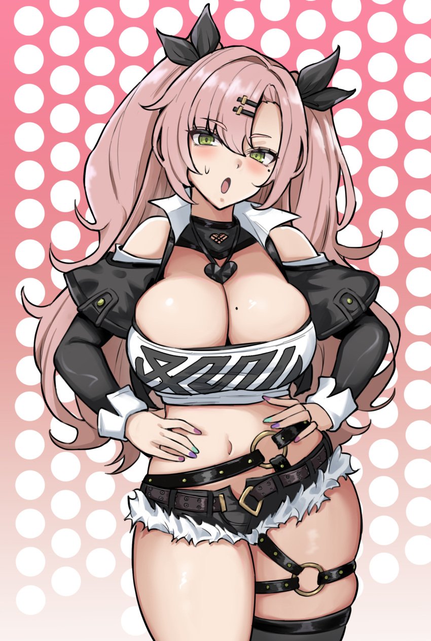 1girls black_jacket black_ribbon black_shorts black_thighhighs blush breasts cleavage cropped_jacket detached_sleeves female green_eyes hair_ornament hair_ribbon hairclip highres jacket katsuragi_nantoka large_breasts long_hair looking_at_viewer navel nicole_demara open_mouth pink_hair ribbon short_shorts short_sleeves shorts single_thighhigh solo strapless thighhighs thighs tube_top two_side_up white_tube_top zenless_zone_zero