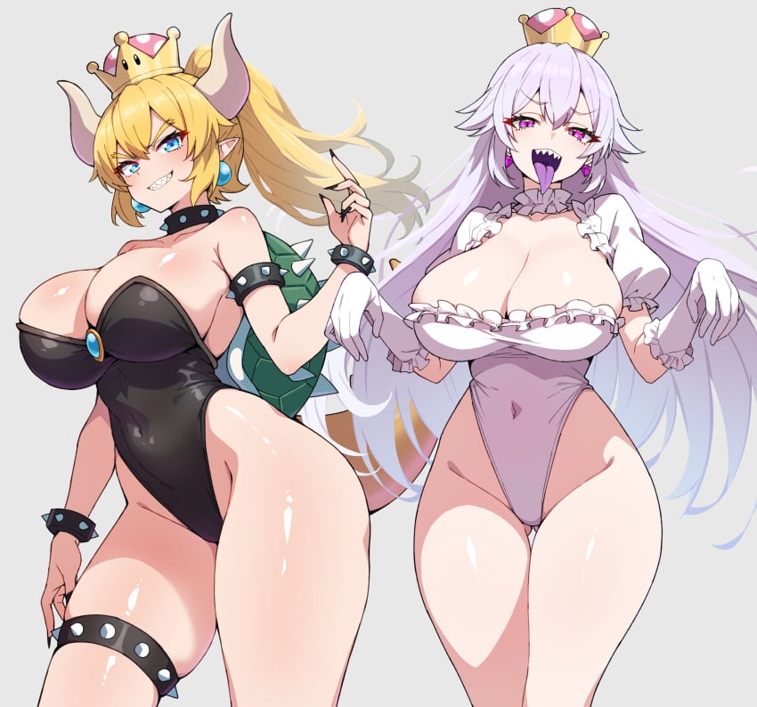 2girls absurdres armlet boosette bowsette bracelet breasts cleavage collar colored_tongue crown earrings female female_only frilled_collar frilled_gloves frills gloves hashtag-only_commentary highres jewelry kamidan leotard luigi's_mansion mario_(series) multiple_girls new_super_mario_bros._u_deluxe nintendo pendant_collar purple_tongue revealing_clothes sharp_teeth sphere_earrings spiked_armlet spiked_bracelet spiked_collar spiked_shell spikes super_crown teeth turtle_shell