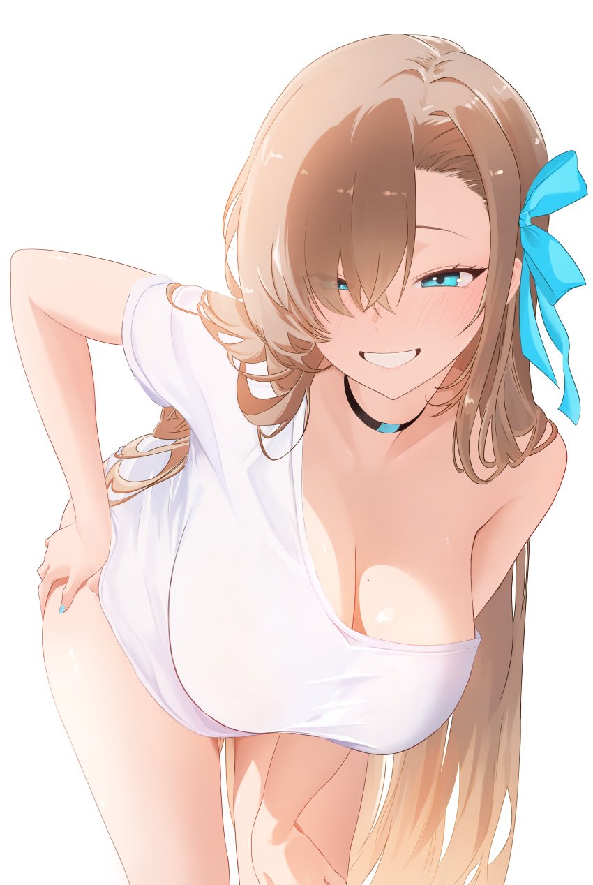 absurdres aqua_ribbon asuna_(blue_archive) asymmetrical_bangs black_choker blue_archive blush bmd_(crvj2843) bottomless breasts choker cleavage commentary female grin hair_over_one_eye hair_ribbon hand_on_own_hip hand_on_own_thigh highres korean_commentary large_breasts leaning_forward light_brown_hair long_hair mole mole_on_breast nail_polish ribbon shirt short_sleeves simple_background single_bare_shoulder smile solo straight_hair very_long_hair white_background white_shirt