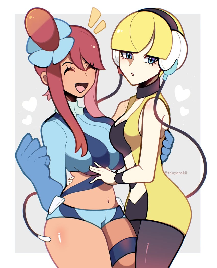 2girls arm_around_another arm_behind_another&#039;s_back blonde_female blonde_hair boobs_pressed breasts breasts elesa_(pokemon) elesa_(pokemon_bw) female female_only females females_only game_freak nintendo pokemon pokemon_bw red_hair shiny_clothes skyla_(pokemon) thighs touching_breast touyarokii yuri