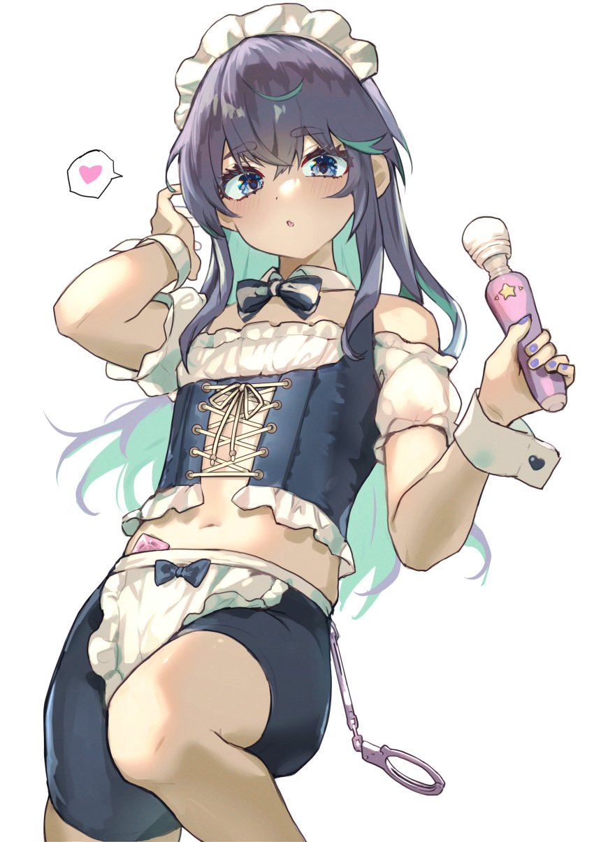 1boy absurdres apron aqua_hair bare_shoulders bike_shorts blue_eyes bow bowtie bustier colored_inner_hair commentary_request condom condom_wrapper crossdressing cuffs detached_collar expressionless femboy handcuffs heart highres hitachi_magic_wand long_hair looking_at_viewer maid_apron maid_headdress male_focus midriff multicolored_hair nail_polish navel oerba_yun_fang original parted_lips purple_hair purple_nails sex_toy shorts simple_background skin_fang solo spoken_heart thick_eyebrows trap two-tone_hair vibrator white_background wrist_cuffs yoruhachi