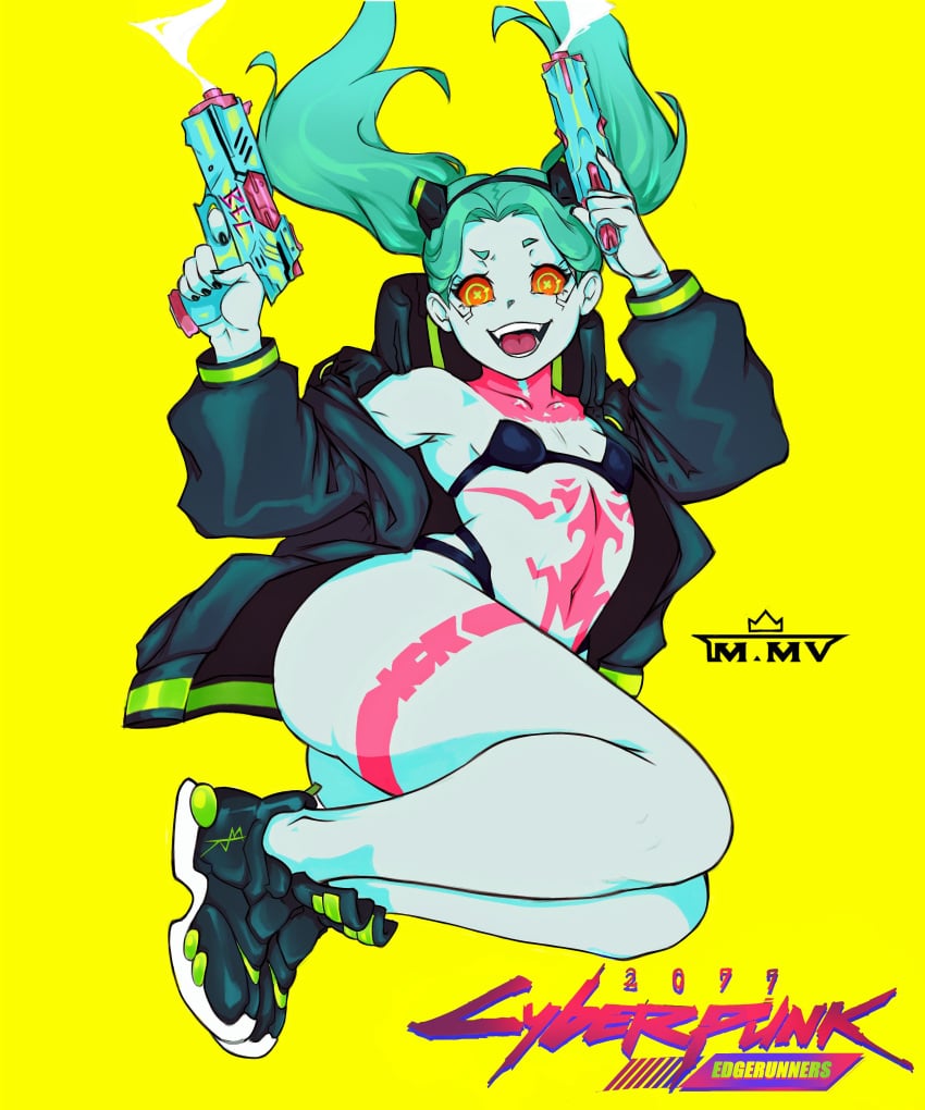 1girl cyberpunk cyberpunk:_edgerunners green_hair guns jumping jumping_girl open_mouth rebecca_(edgerunners) smiling twintails