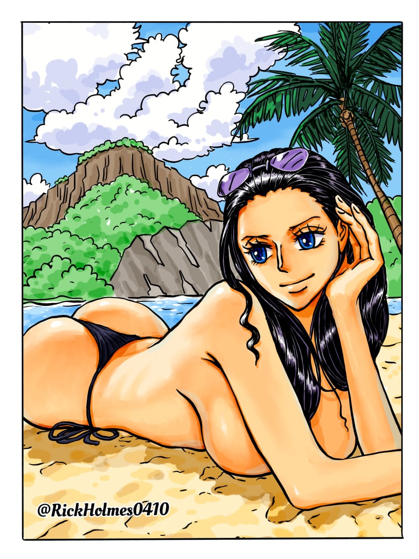 1girls accurate_art_style ass beach big_ass big_breasts bikini bikini_top_removed black_hair blue_eyes breasts female female_only huge_breasts large_ass large_breasts nico_robin one_piece rickholmes solo solo_female topless