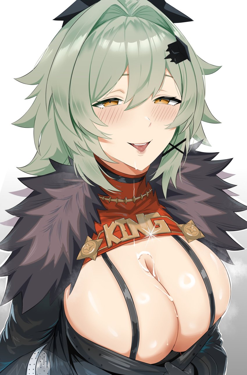 absurdres black_gloves black_jacket blush breasts caesar_king caesar_king_(zenless_zone_zero) cleavage cum cum_on_body cum_on_breasts female fur-trimmed_jacket fur_trim gloves green_hair hair_intakes hair_ornament half-closed_eyes highres implied_after_fellatio jacket large_breasts long_hair looking_at_viewer micchan_(micchanmeido) open_mouth pulling_own_clothes simple_background smile solo yellow_eyes zenless_zone_zero