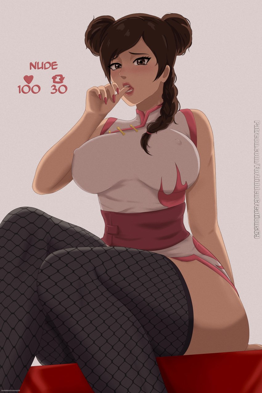 1girls arm_support blush bottomless braid brown_eyes brown_hair china_dress chinese_clothes commentary curvaceous curvy curvy_female curvy_figure double_bun dress erect_nipples erect_nipples_under_clothes female female_only finger_to_mouth fishnet_stockings fishnets flame_print forbidden hair_bun highres horny horny_female kunoichi lipstick long_hair looking_at_viewer makeup naruto naruto:_the_last naruto_(series) naruto_shippuden ninja nipples obi patreon_username pinup ponytail sash sitting sleeveless sleeveless_dress stockings strip_game swept_bangs tenten thumb_in_mouth url watermark web_address