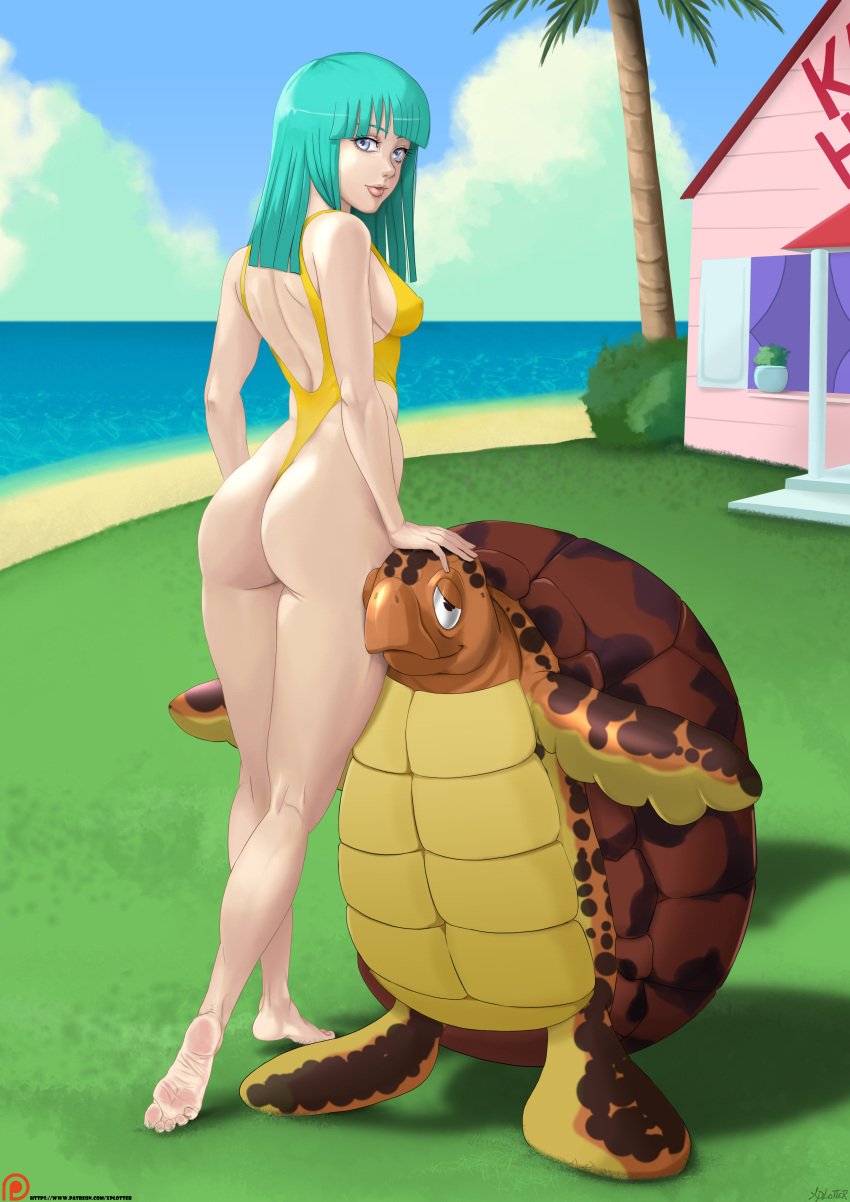 1girls absurd_res ass back_view bangs barefoot beach big_ass blue_eyes breasts clothed clouds dat_ass dragon_ball dragon_ball_z duo eyelashes feet female full_body grass hand_on_head hi_res highleg highleg_swimsuit human kneepits long_hair looking_at_viewer looking_back marine maron medium_breasts nipple_bulge one-piece_swimsuit outdoors palm_tree parted_lips reptile scalie sea_turtle seaside sideboob skimpy soles swimsuit teal_hair toes tree turtle turtle_(dragon_ball) water xplotter