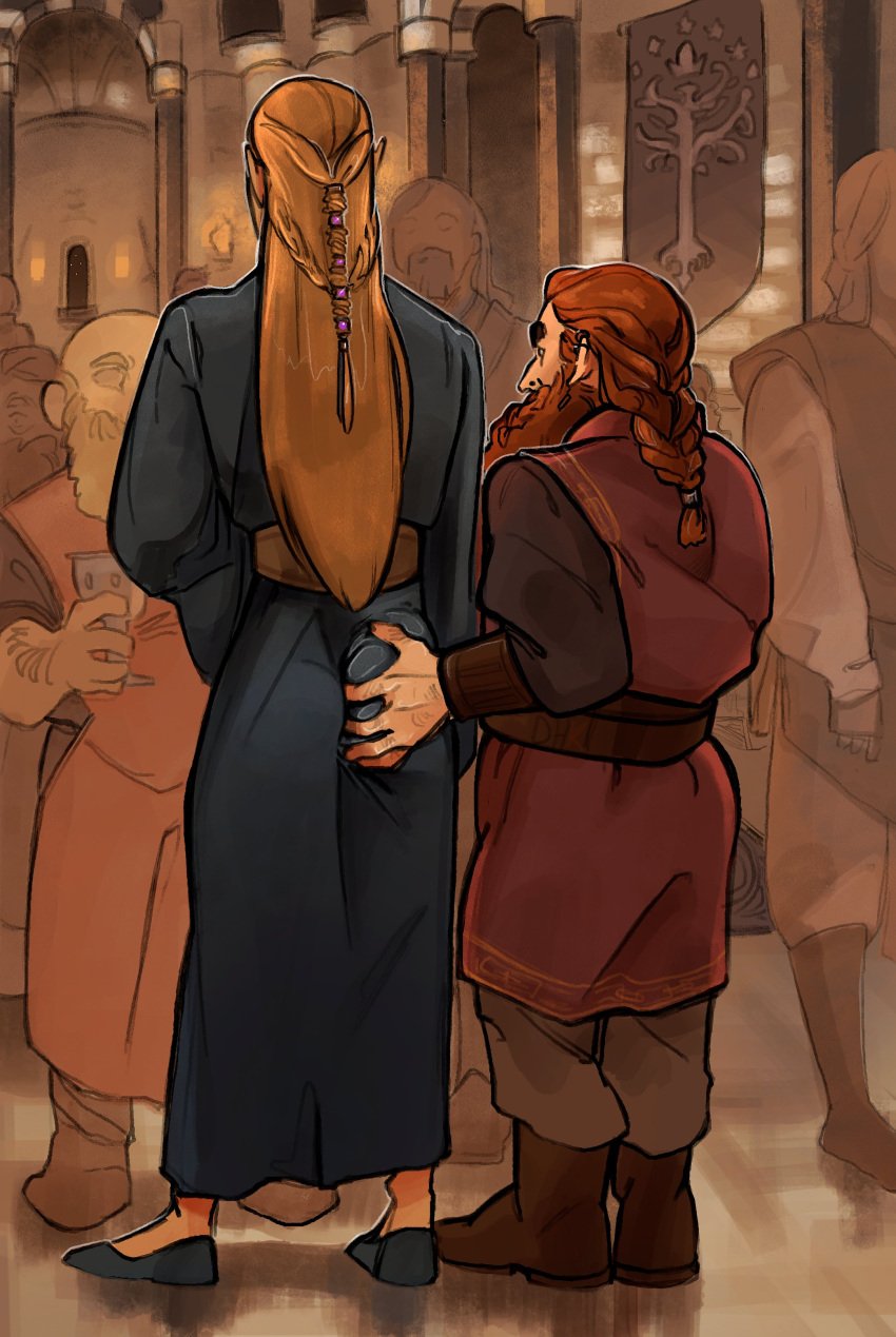 beard brown_hair deheerkonjin dwarf elf elf_ears gay gimli grabbing_ass grabbing_from_behind legolas long_hair lord_of_the_rings male male_only pointy_ears questionable_consent size_difference yellow_hair