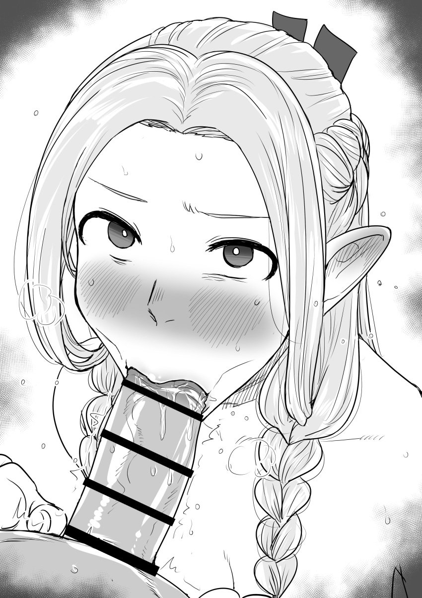 1boy :>= absurdres bar_censor blonde_hair blush braid breasts censored dungeon_meshi elf female greyscale hair_around_ear highres kaiman_garupan long_hair looking_at_viewer marcille_donato monochrome multiple_braids nude open_mouth penis pointy_ears pov pov_crotch simple_background solo_focus steaming_body straight sweat white_background